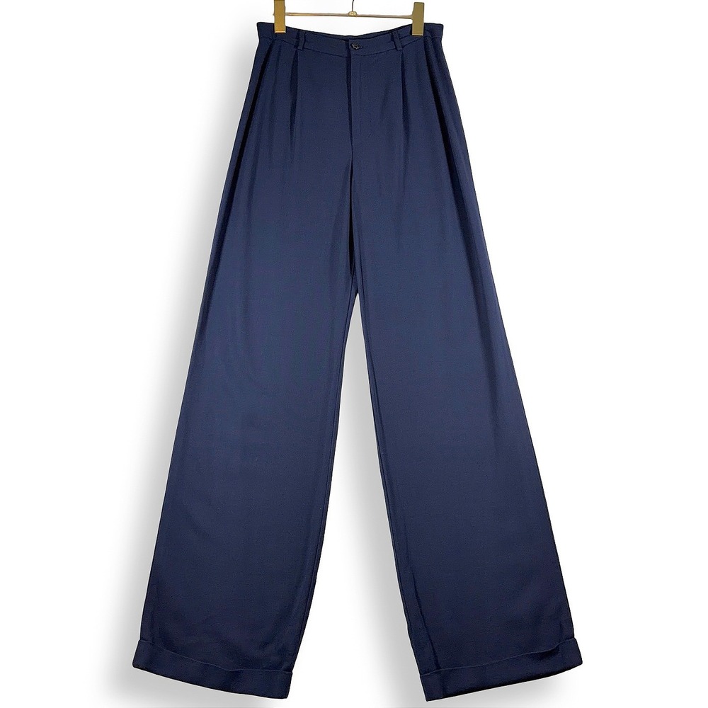 Vintage 90s Ralph Ralph Lauren Navy Pleated Wide Leg Pants USA Wool Blend Size 6